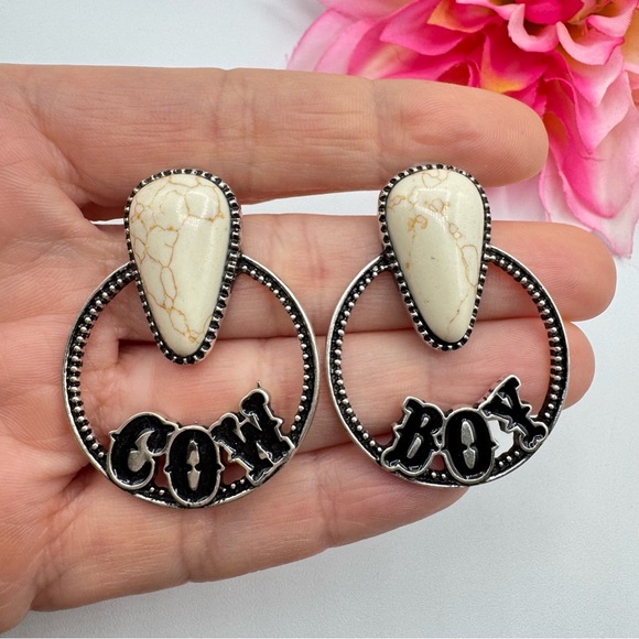 Western Cowboy Hoop Drop Earrings Howlite Southwestern Cowgirl Boho Bohemian - Picture 2 of 7